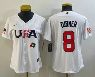 Women%27s USA Baseball #8 Trea Turner 2023 White World Classic Stitched Jersey